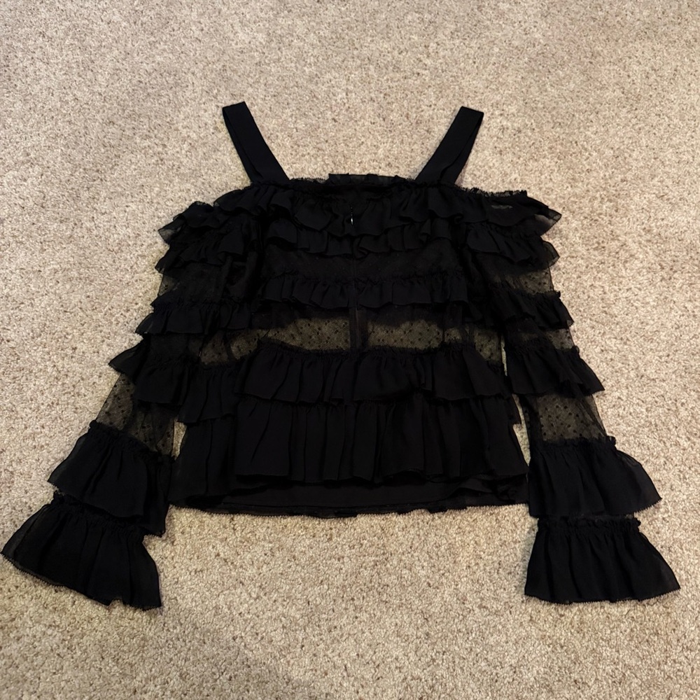 ALEXIS Karissa Cold Shoulder Polka Dot Swiss Dot Off the Shoulder Top in Black - Picture 4 of 6